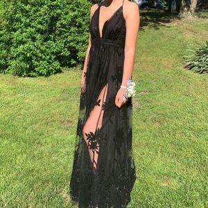 Black V-neck Prom dress with double leg slits!